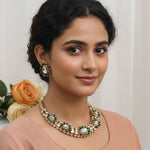 Green Kundan Necklace Set with Earrings | Traditional Gold-Tone Bridal Jewelry