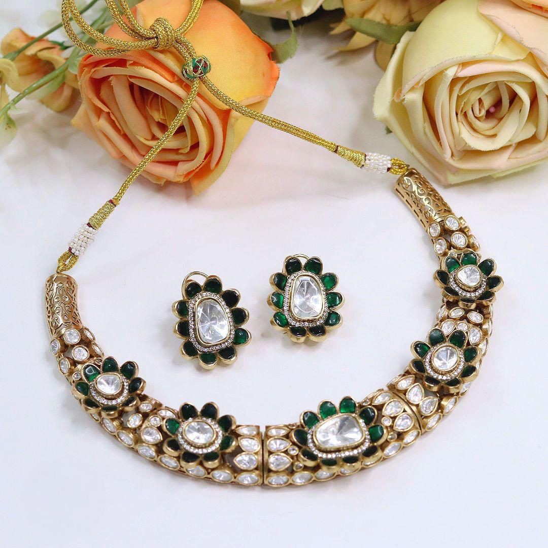 Green Kundan Necklace Set with Earrings | Traditional Gold-Tone Bridal Jewelry
