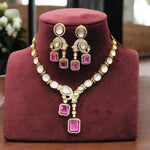 Gold-Plated Kundan & Ruby Pink Stone Necklace Earring Set Statement Bridal Jewelry - Libasaa.com