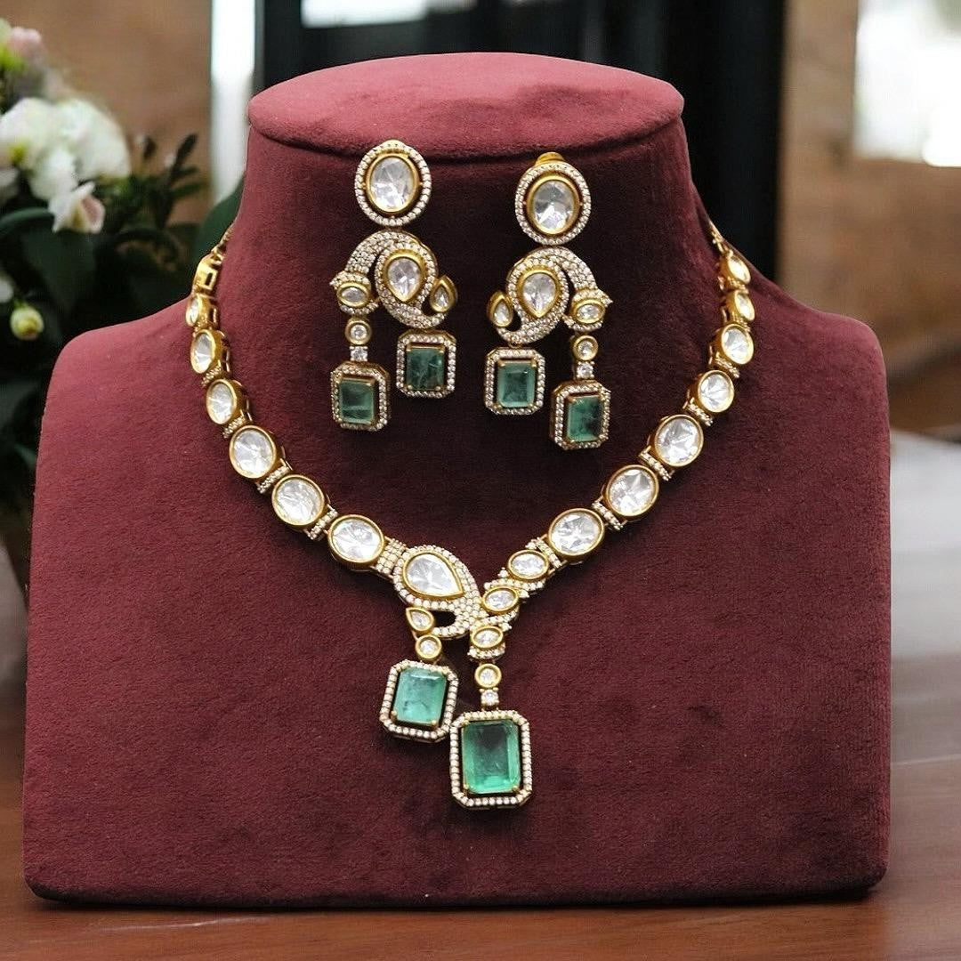 Gold-Plated Kundan & Ruby Pink Stone Necklace Earring Set Statement Bridal Jewelry - Libasaa.com