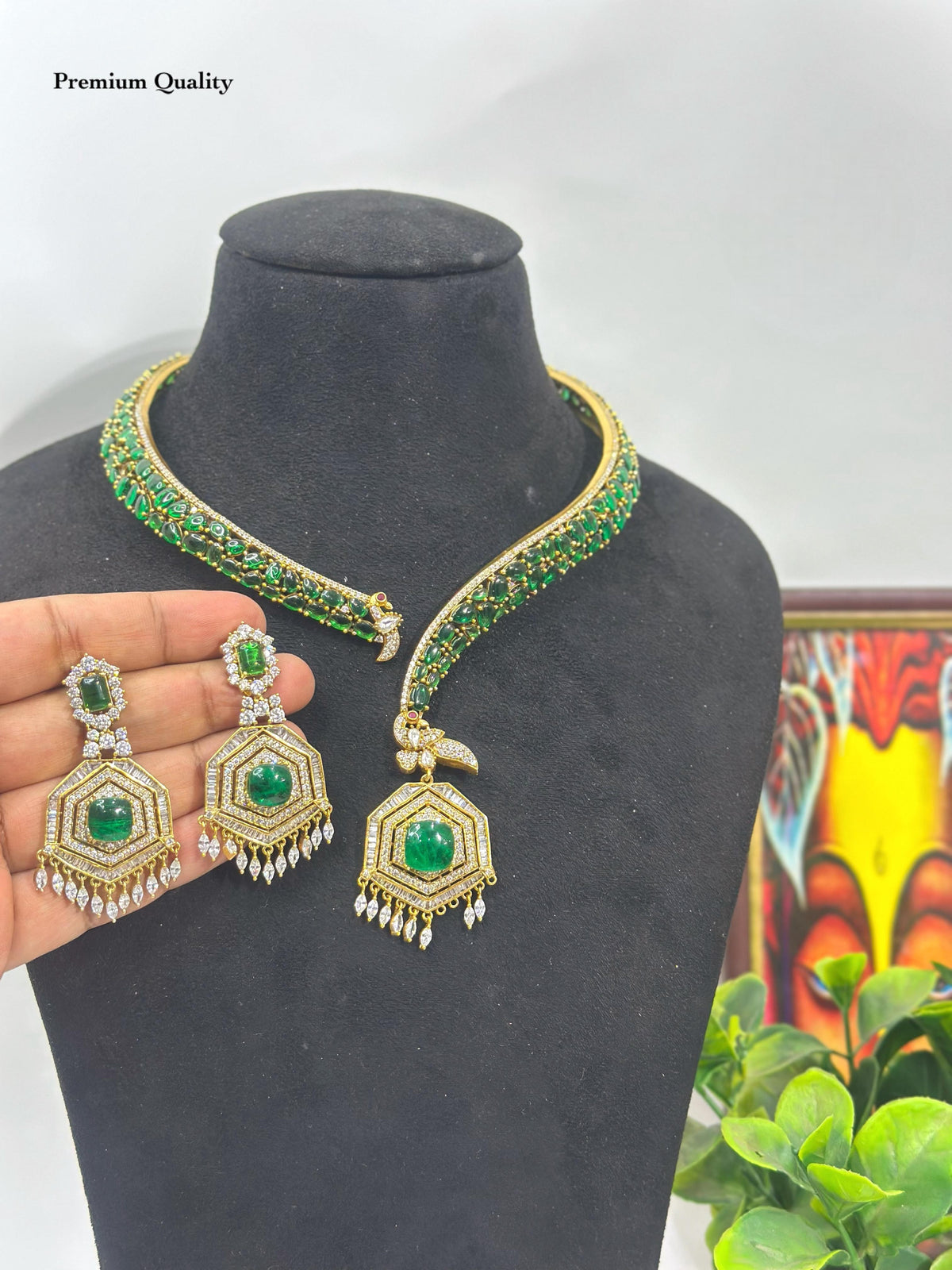 Victorian Polki Diamond Necklace Set with Emerald & Ruby Stones | Sabyasachi Inspired Bridal Jewelry | Dual Tone Gold Choker & Earrings Set for Weddings