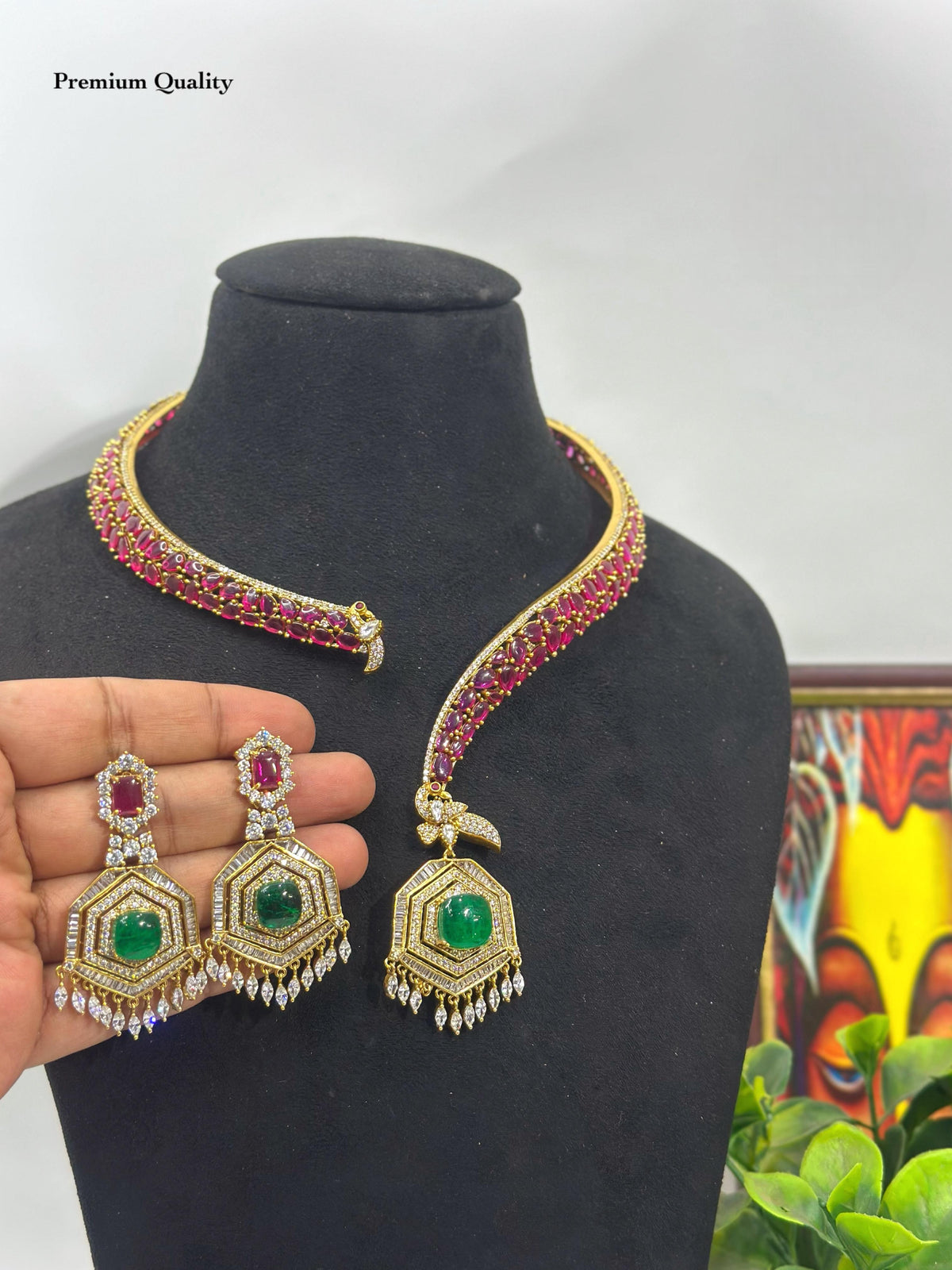 Victorian Polki Diamond Necklace Set with Emerald & Ruby Stones | Sabyasachi Inspired Bridal Jewelry | Dual Tone Gold Choker & Earrings Set for Weddings