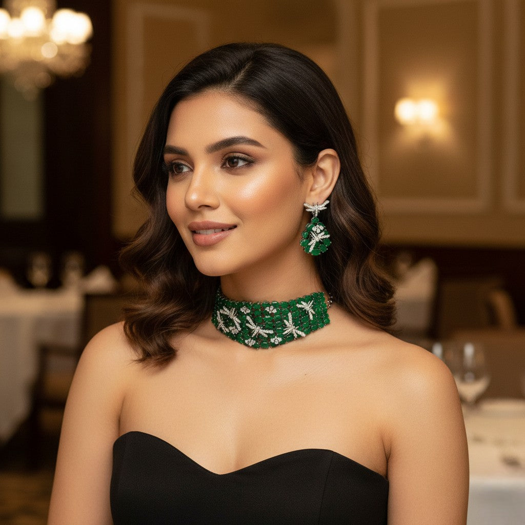 Luxury stone choker set, dragonfly necklace set, bridal choker jewelry, party wear necklace set, emerald choker, statement choker set, women fashion jewelry, festive jewelry set