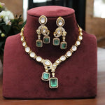 Gold-Plated Kundan & Ruby Pink Stone Necklace Earring Set Statement Bridal Jewelry - Libasaa.com