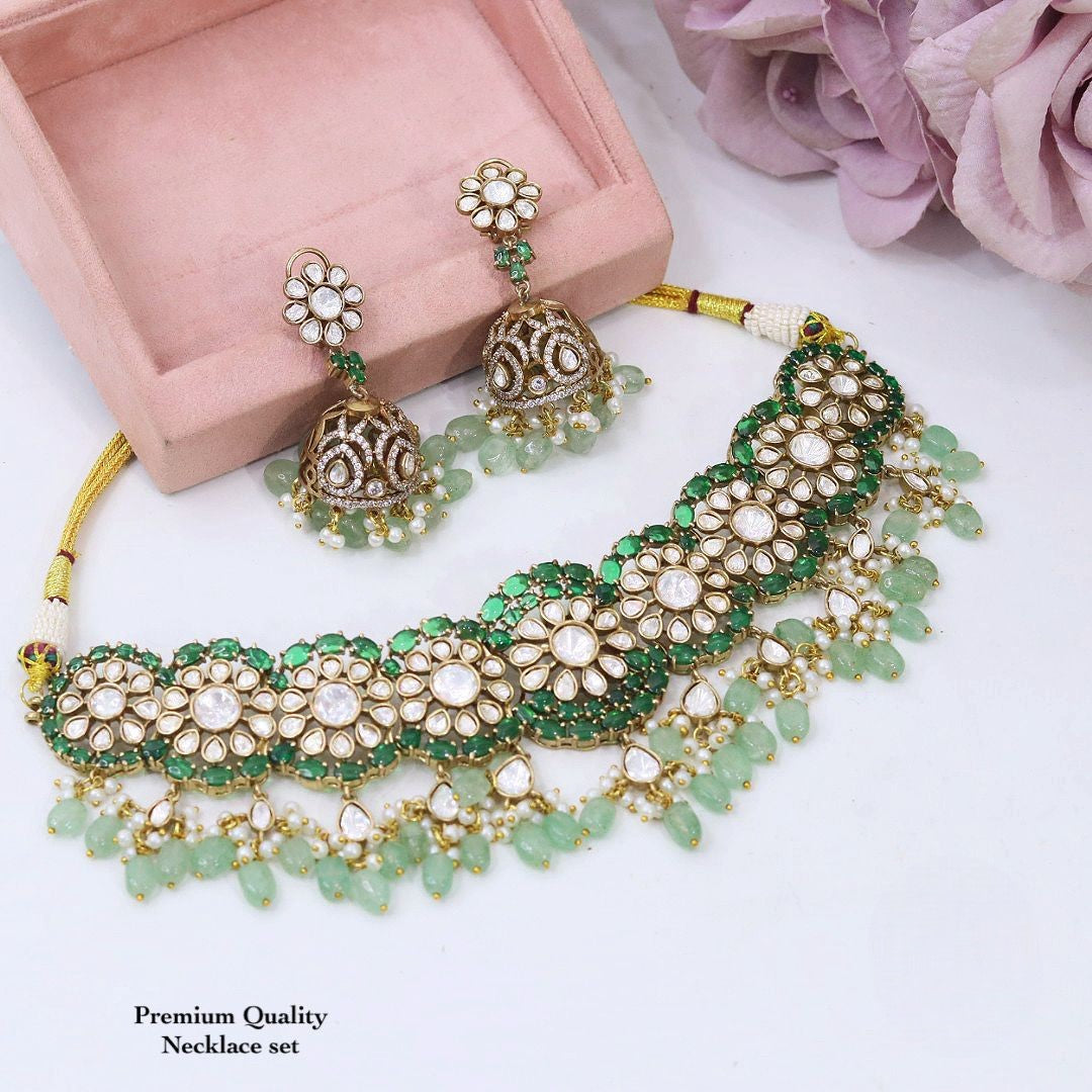 Premium Kundan Choker Necklace Set with Green Stones & Pearl Drops | Indian Kundan & Pearl Jewellery with Matching Jhumki Earrings