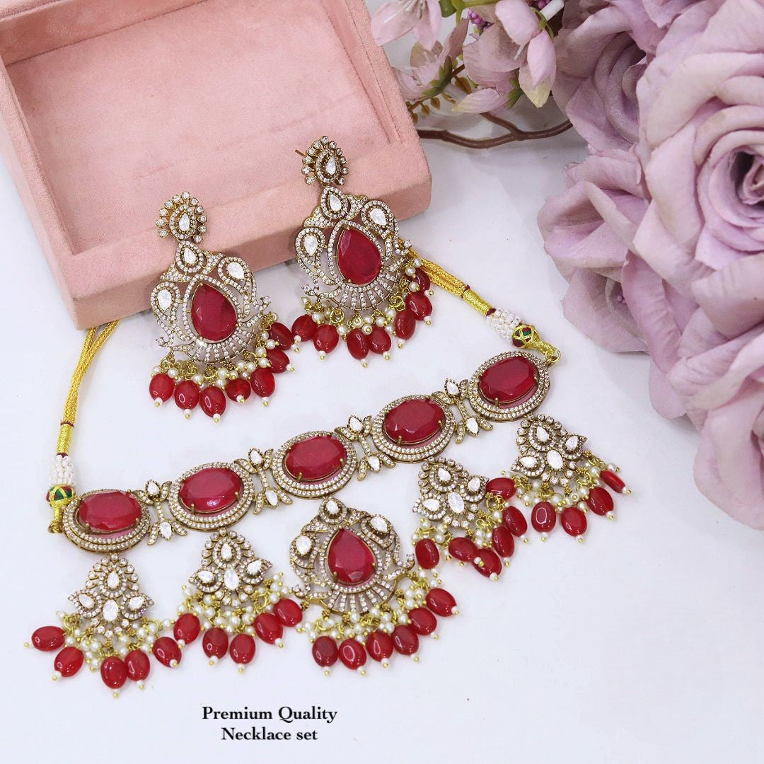 Premium Red Kundan Necklace Set with Matching Earrings | Indian Kundan Polki Jewellery Necklace Set