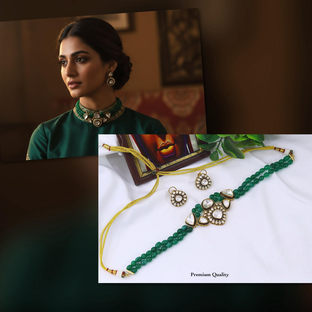 Green Beaded Kundan Choker Set with Matching Earrings | Premium Indian Bridal & Festive Jewellery