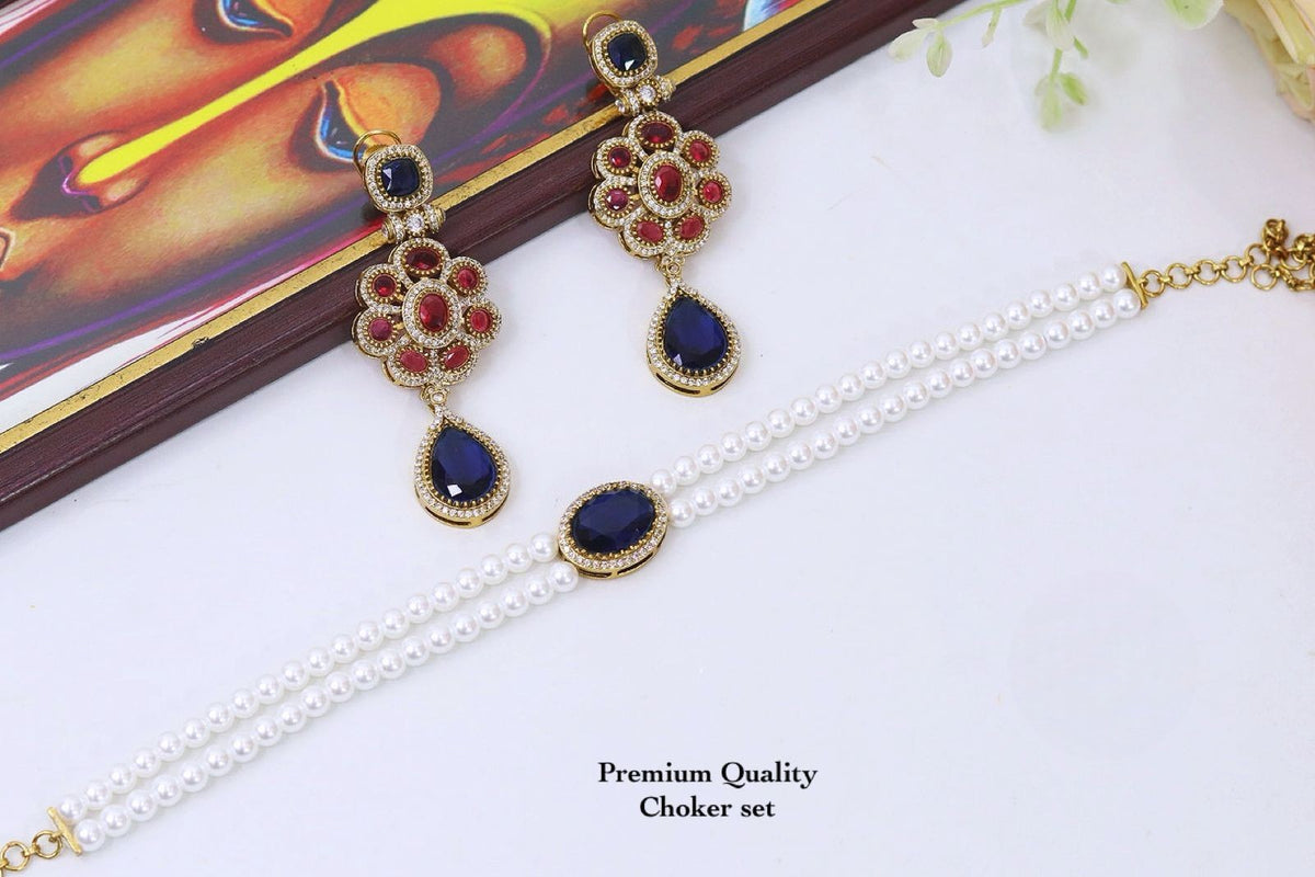 Celebrity Inspired Pearl Choker Bridal Necklace Set & Handcrafted Earrings – Antique Gold Kundan Style Indian Wedding Jewelry