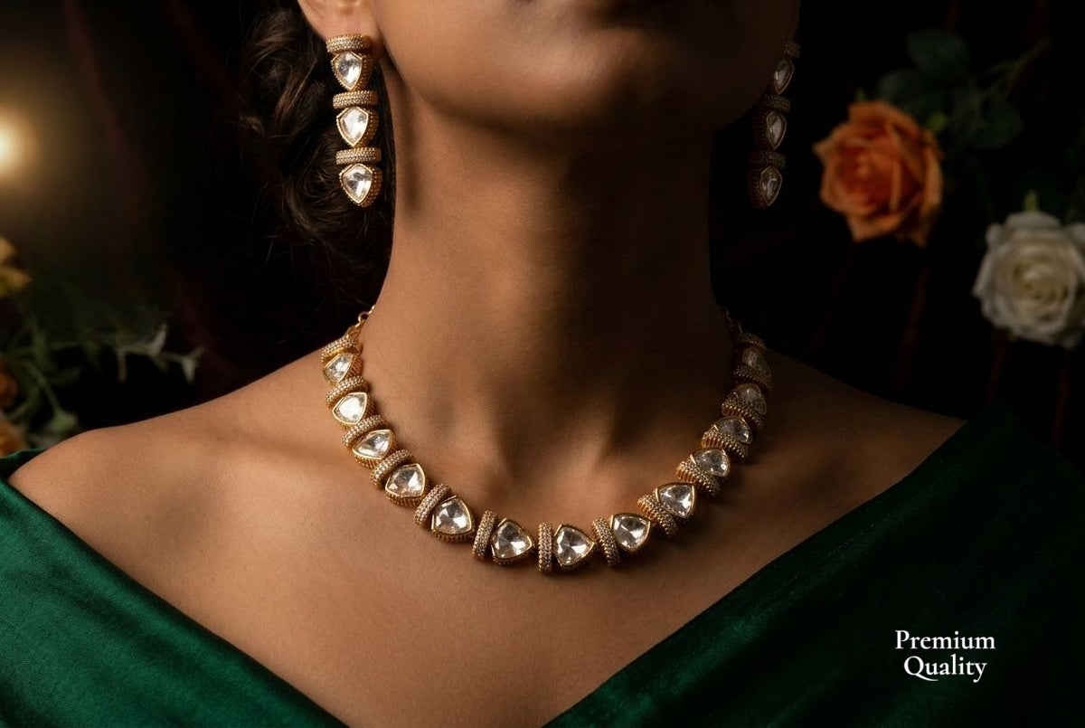 Premium American Diamond Gold-Plated Necklace Set with Earrings | Elegant AD Crystal Necklace for Wedding, Party & Festive Wear