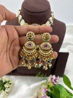 Royal Kundan Pearl & Emerald Green Beaded Bridal Choker Necklace Set - Libasaa.com
