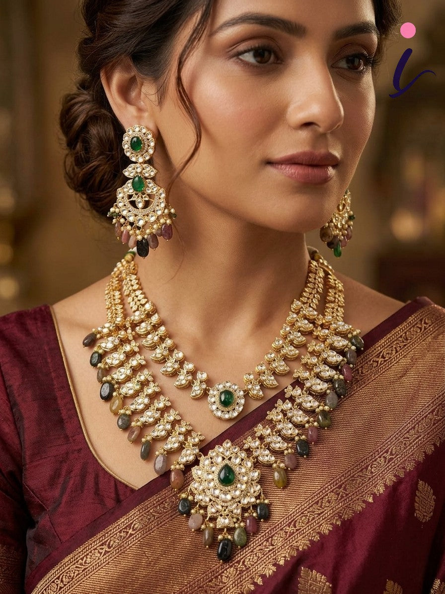 Luxury Antique Kundan Bridal Necklace Set for Women | Designer Multi Stone Traditional Jewelry Set with Earrings | Wedding & Festive Wear