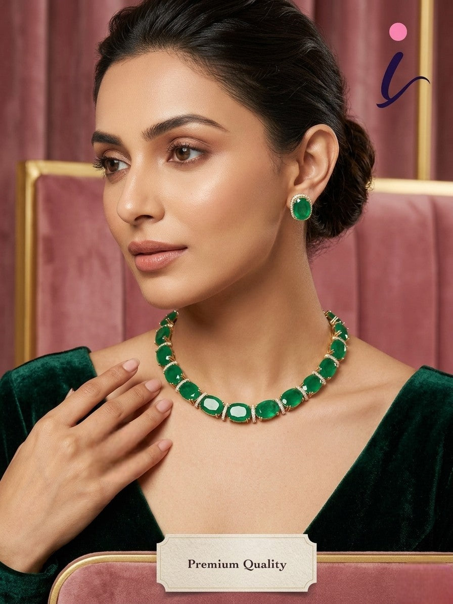 Emerald Green Statement Necklace Set with Earrings | Luxury Bridal Jewellery | Elegant Wedding, Party & Festive Wear Necklace for Women