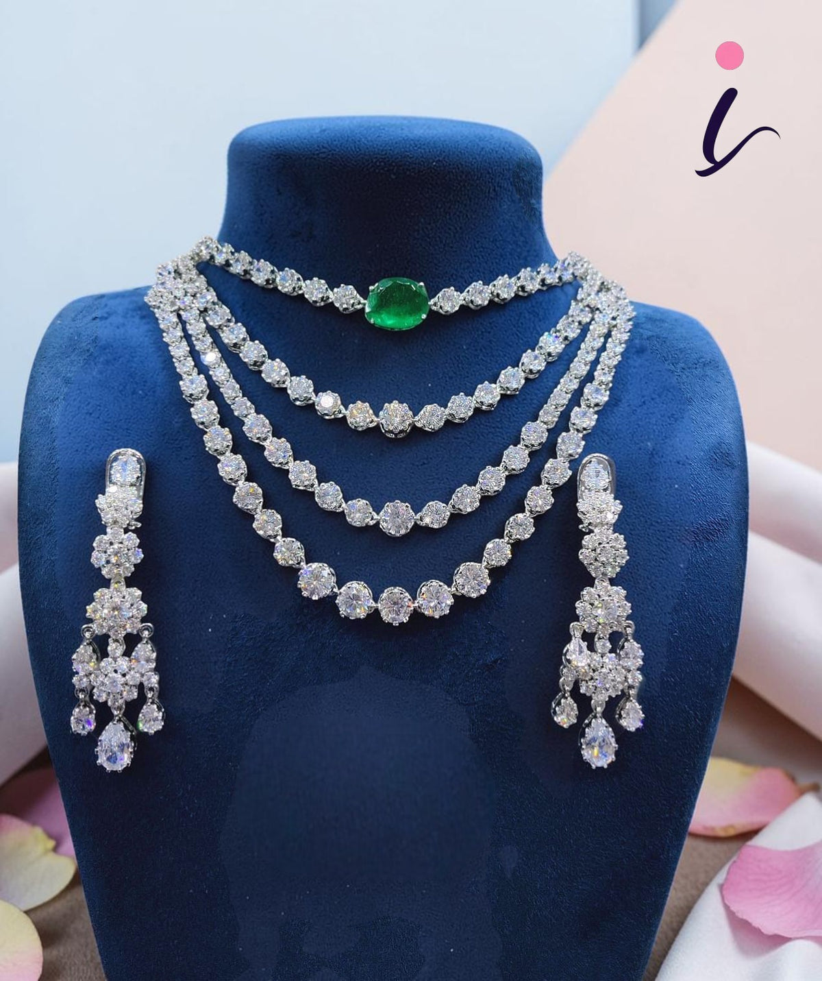 American Diamond Layered Necklace Set with Earrings | Emerald Green Stone Bridal Jewellery | Luxury Party Wear Necklace