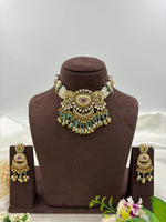 Royal Kundan Pearl & Emerald Green Beaded Bridal Choker Necklace Set - Libasaa.com