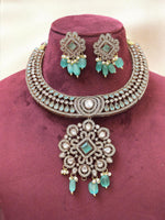 Antique Silver Choker Necklace Set with Mint Green Beads & CZ Detailing - Libasaa.com