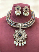 Antique Silver Choker Necklace Set with Mint Green Beads & CZ Detailing - Libasaa.com