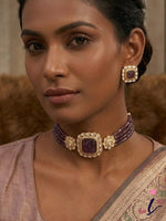 Purple Beaded Kundan Choker Necklace Set with Stud Earrings for Women | Gold Plated Traditional Bridal Jewellery | Indian Wedding & Party Wear