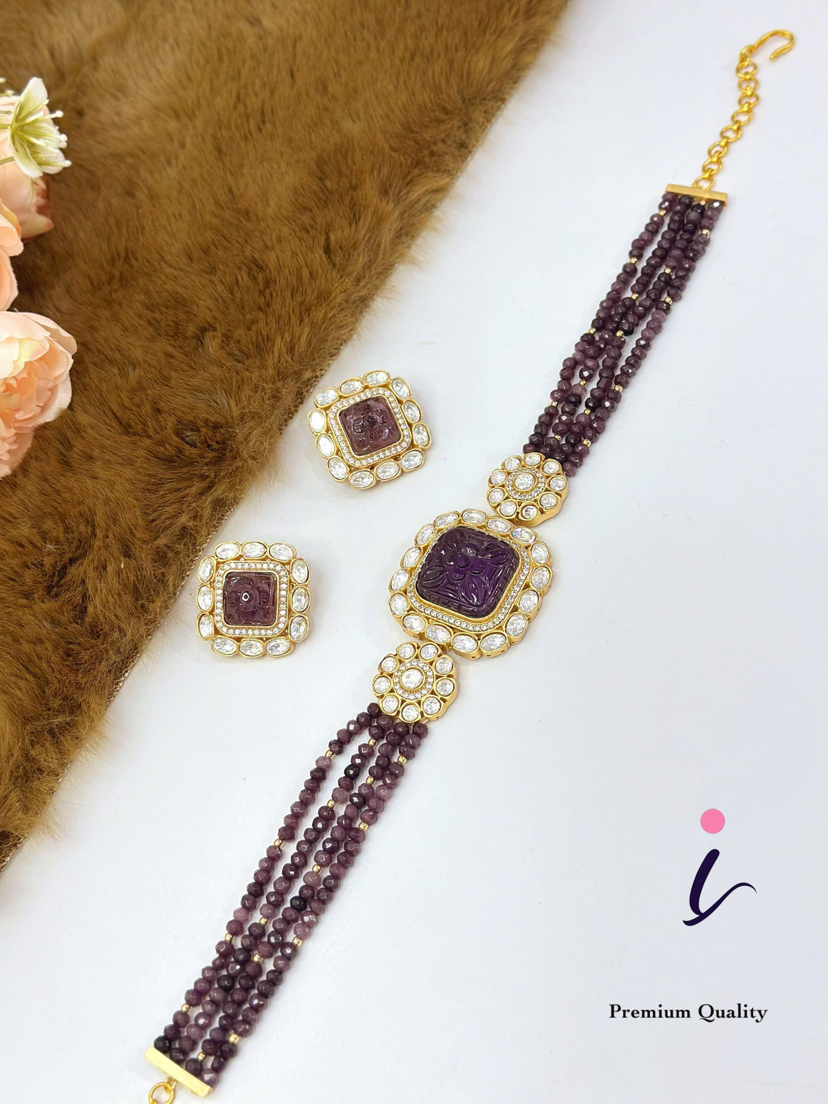 Purple Beaded Kundan Choker Necklace Set with Stud Earrings for Women | Gold Plated Traditional Bridal Jewellery | Indian Wedding & Party Wear