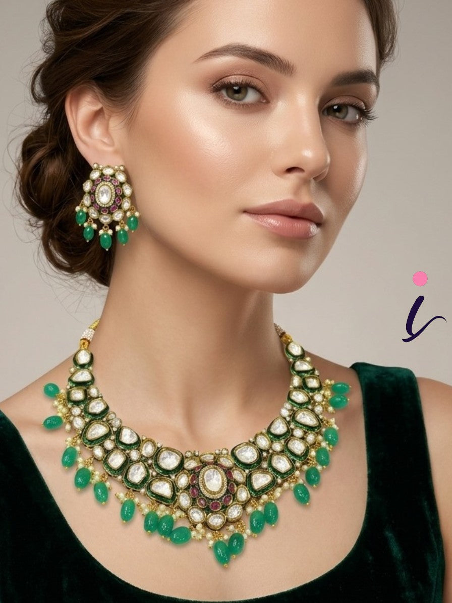 Green Kundan Choker Necklace Set with Earrings for Women | Gold Plated Bridal Jewellery | Traditional Indian Wedding & Festive Wear
