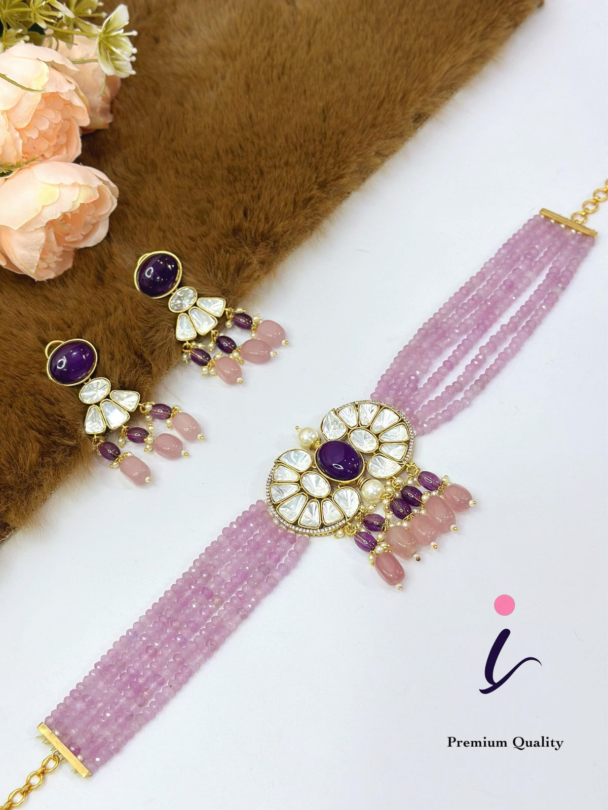 Pink Beaded Kundan Choker Necklace Set with Earrings for Women | Gold Plated Purple Stone Bridal Jewellery | Traditional Indian Wedding & Party Wear