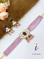 Pink Beaded Kundan Choker Necklace Set with Earrings for Women | Gold Plated Purple Stone Bridal Jewellery | Traditional Indian Wedding & Party Wear