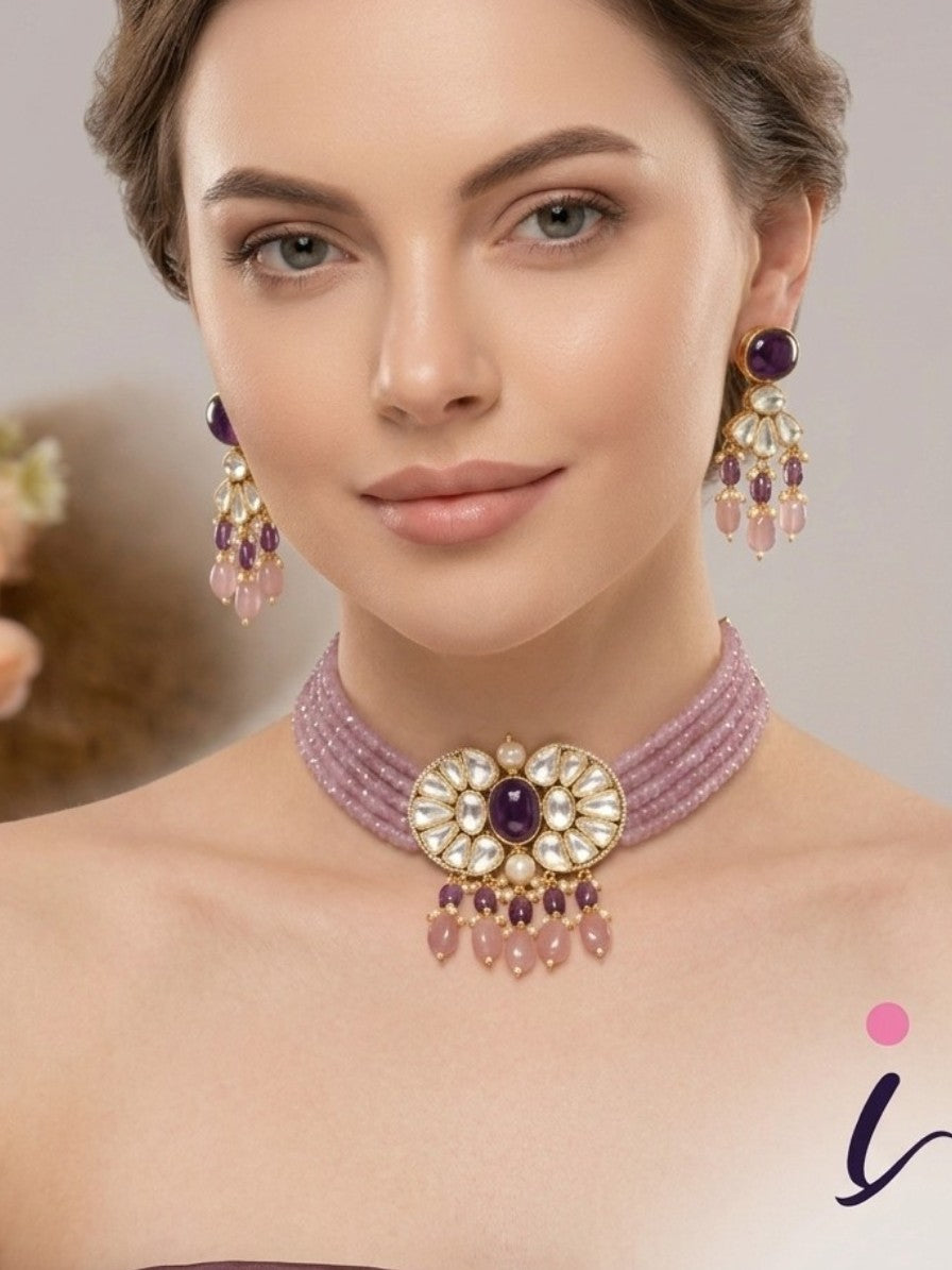 Pink Beaded Kundan Choker Necklace Set with Earrings for Women | Gold Plated Purple Stone Bridal Jewellery | Traditional Indian Wedding & Party Wear