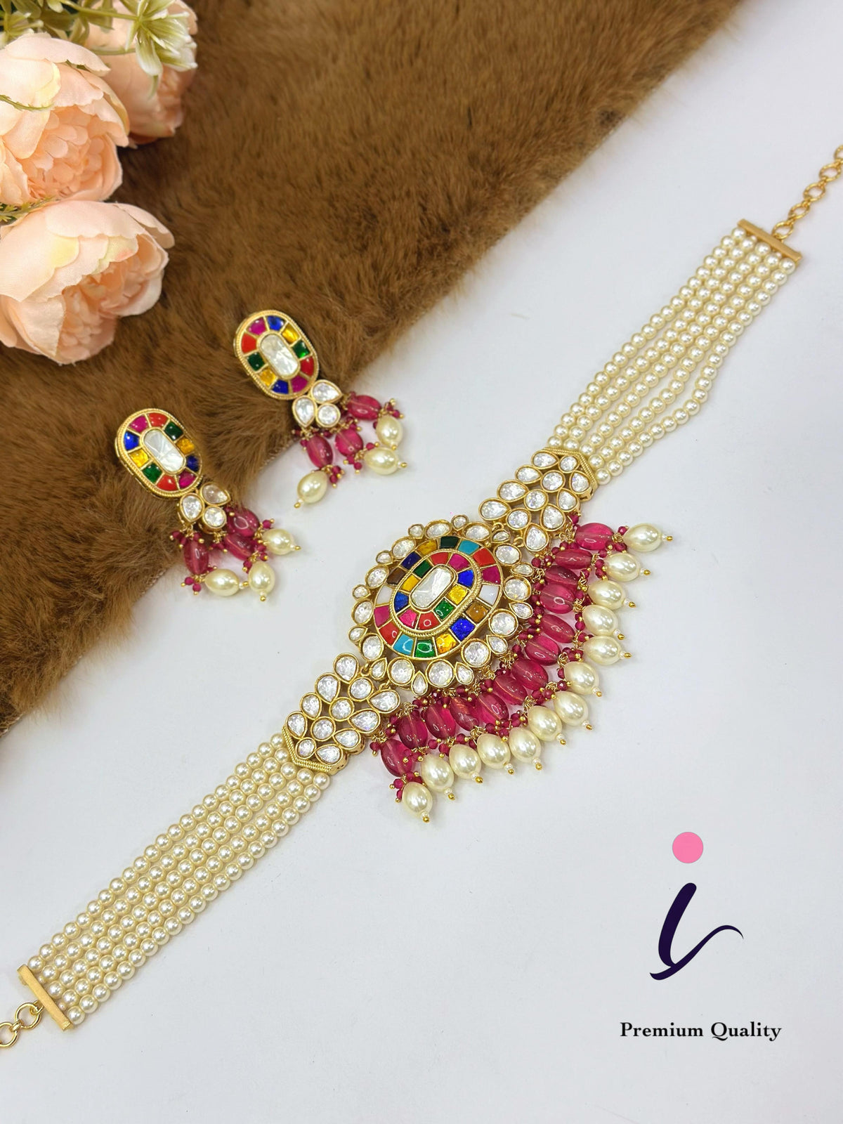 Multicolor Kundan Pearl Choker Necklace Set with Earrings for Women | Gold Plated Navratan Bridal Jewellery | Traditional Indian Wedding & Festive Wear