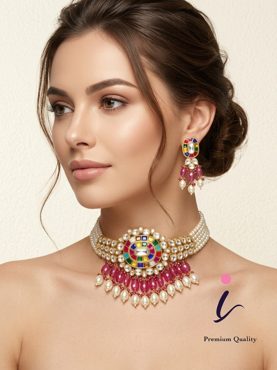 Multicolor Kundan Pearl Choker Necklace Set with Earrings for Women | Gold Plated Navratan Bridal Jewellery | Traditional Indian Wedding & Festive Wear