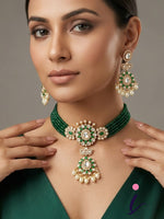 Emerald Green Beaded Kundan Choker Necklace Set with Earrings & Maang Tikka for Women | Gold Plated Bridal Jewellery | Traditional Indian Wedding Wear