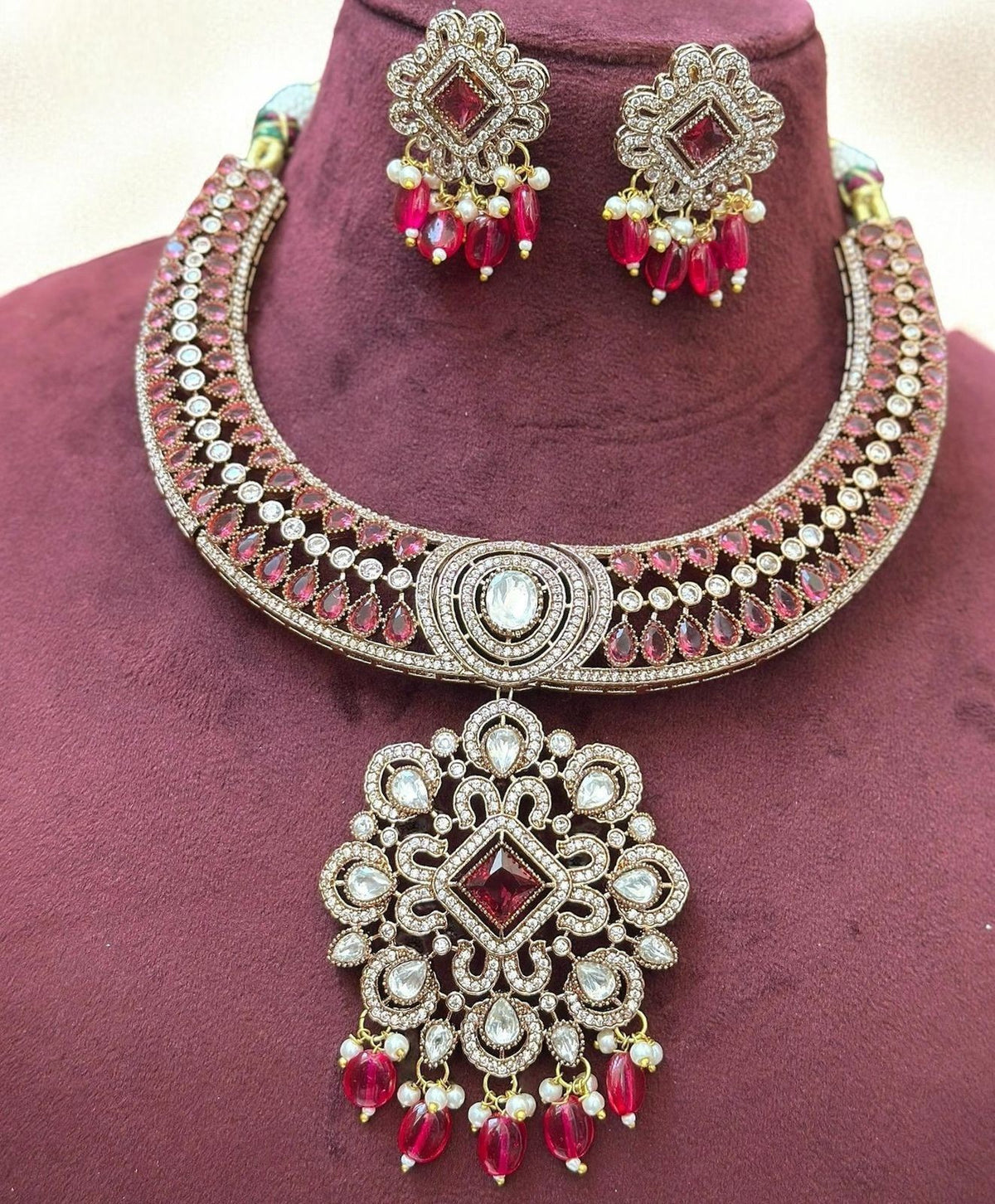 Antique Silver Choker Necklace Set with Mint Green Beads & CZ Detailing - Libasaa.com