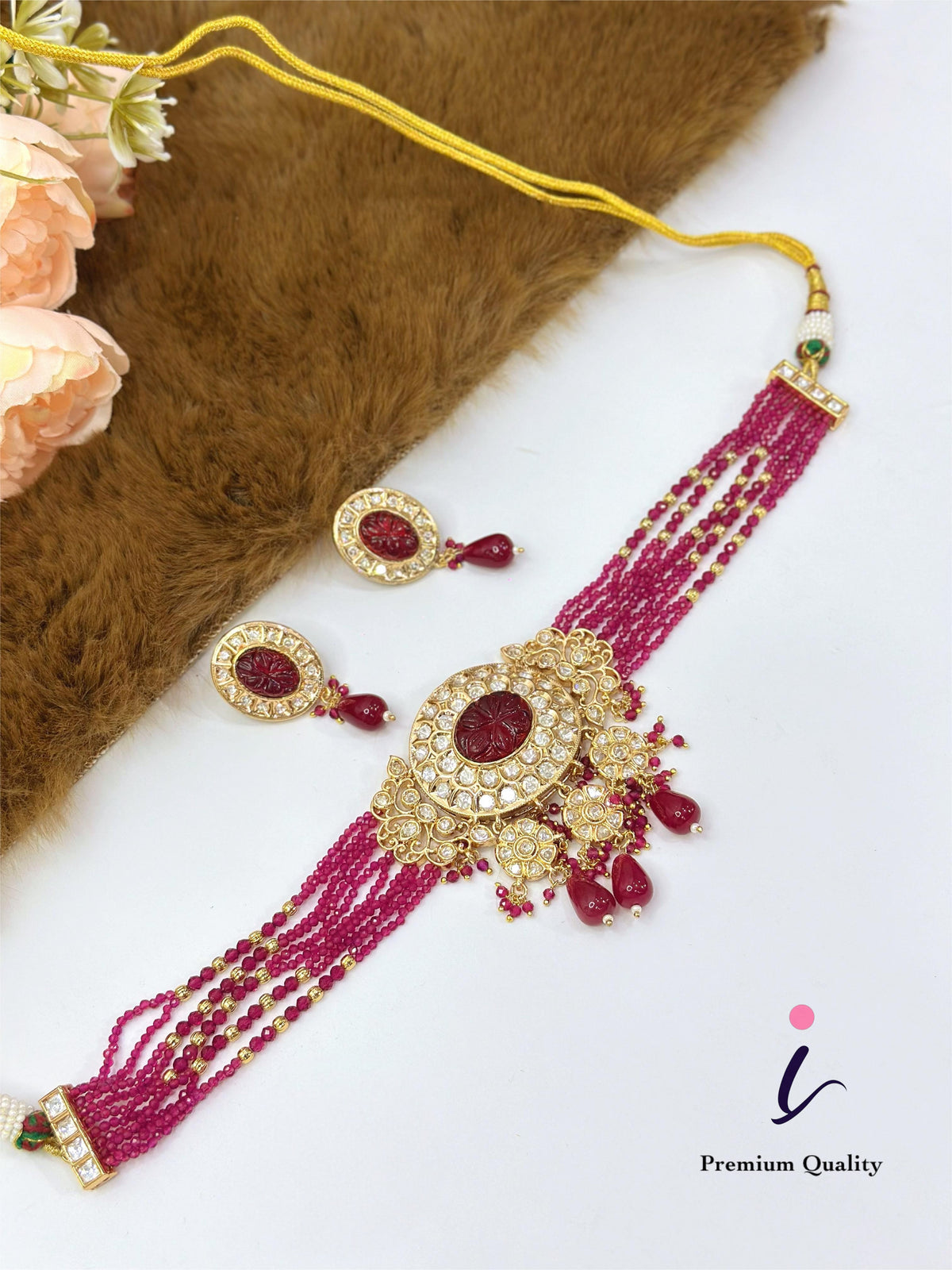 Pink Beaded Kundan Choker Necklace Set with Earrings for Women | Gold Plated Bridal Jewellery | Traditional Indian Wedding & Party Wear