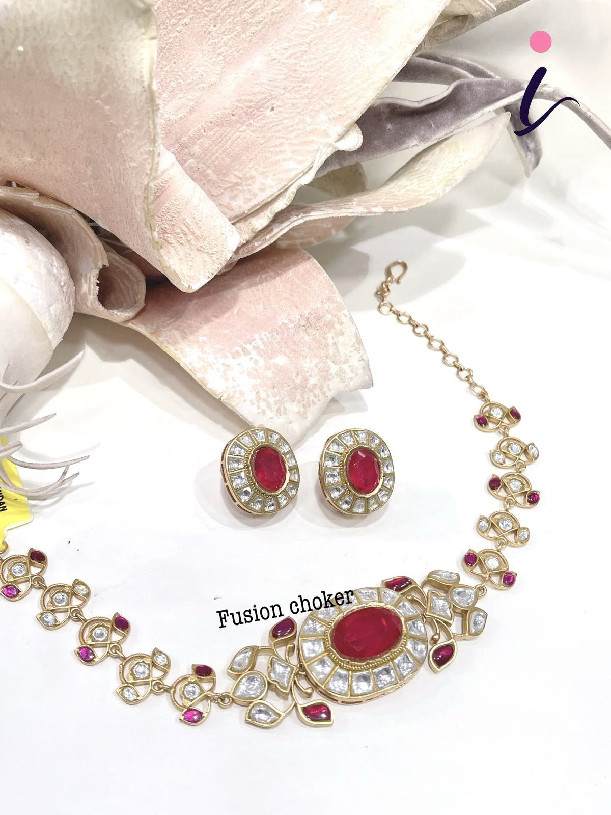 Ruby Red Kundan Fusion Choker Necklace Set with Stud Earrings for Women | Gold Plated Bridal Jewellery | Traditional Indian Wedding & Party Wear