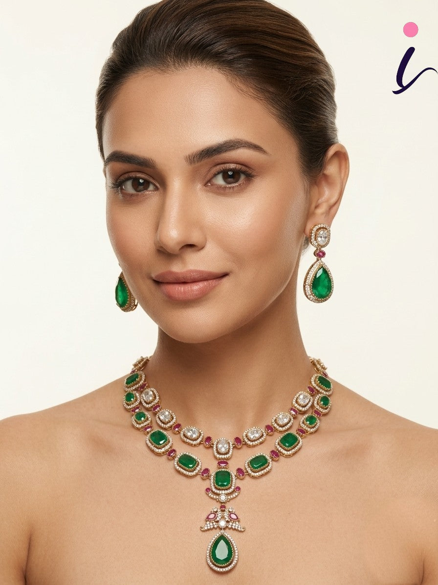 Emerald Green Stone Necklace Set with Earrings for Women | Gold Plated CZ Bridal Jewellery | Designer Indian Wedding & Party Wear
