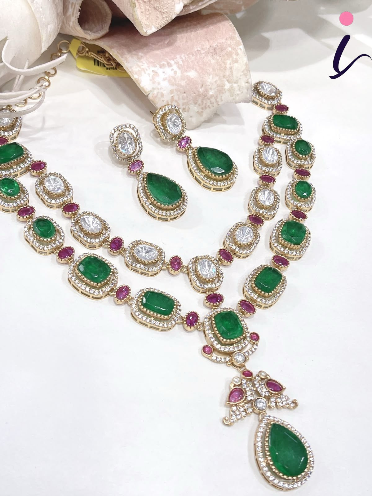 Emerald Green Stone Necklace Set with Earrings for Women | Gold Plated CZ Bridal Jewellery | Designer Indian Wedding & Party Wear