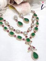 Emerald Green Stone Necklace Set with Earrings for Women | Gold Plated CZ Bridal Jewellery | Designer Indian Wedding & Party Wear
