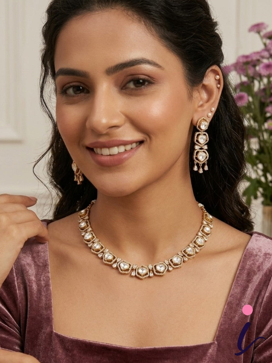 Polki Kundan Choker Necklace Set with Earrings for Women | Gold Plated Bridal Jewellery | Designer Indian Wedding & Party Wear