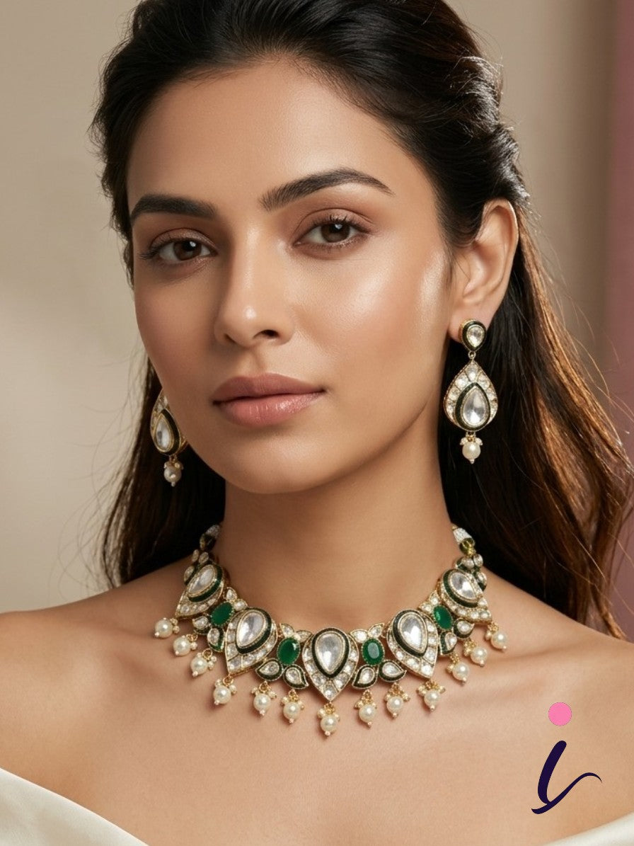 Green Kundan Polki Choker Necklace Set with Pearl Drops for Women | Traditional Bridal Wedding & Party Wear Jewellery