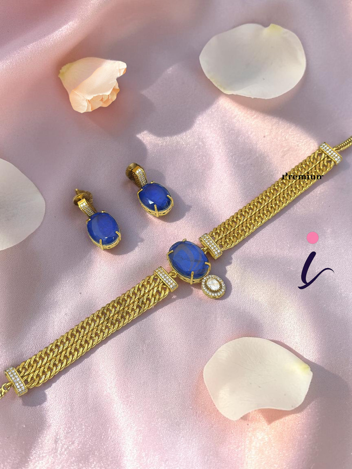 Royal Blue Stone Gold Plated Statement Necklace Set with Stud Earrings for Women | Designer Bridal Wedding & Party Wear Jewellery