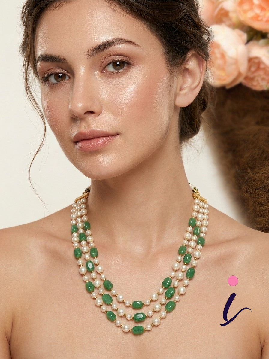 Green Beads & White Pearl Multi-Layer Necklace for Women | Traditional Indian Bridal Wedding & Party Wear Jewellery