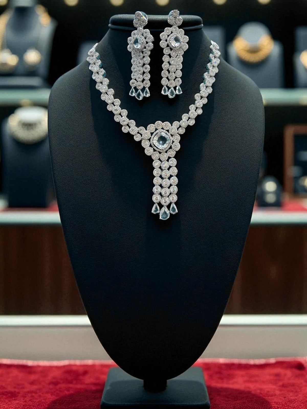 Silver-Toned Double Layered CZ Choker & Earrings SetIndian AD Jewelry for Weddings & Festive Wear - Libasaa.com