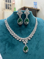 Emerald Green Teardrop CZ Necklace Set with Earrings Floral Diamond-Cut Bridal Jewelry - Libasaa.com