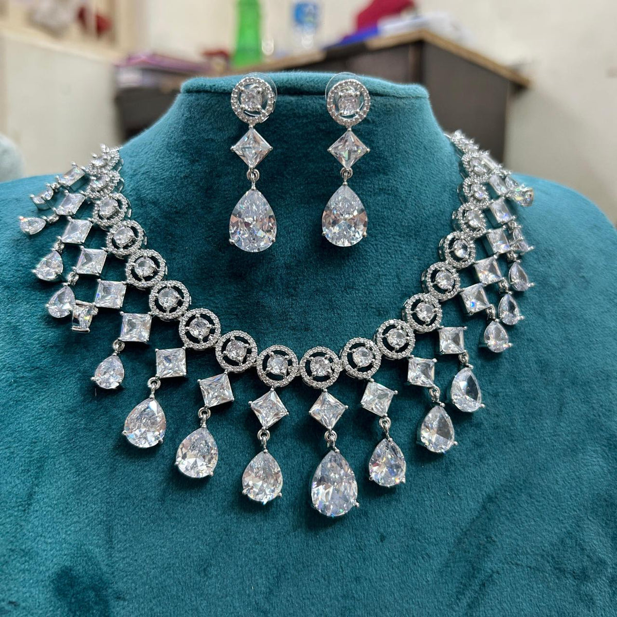 Statement Geometric CZ Choker Necklace Set with Teardrop Earrings Silver-Toned Bridal Jewelry - Libasaa.com