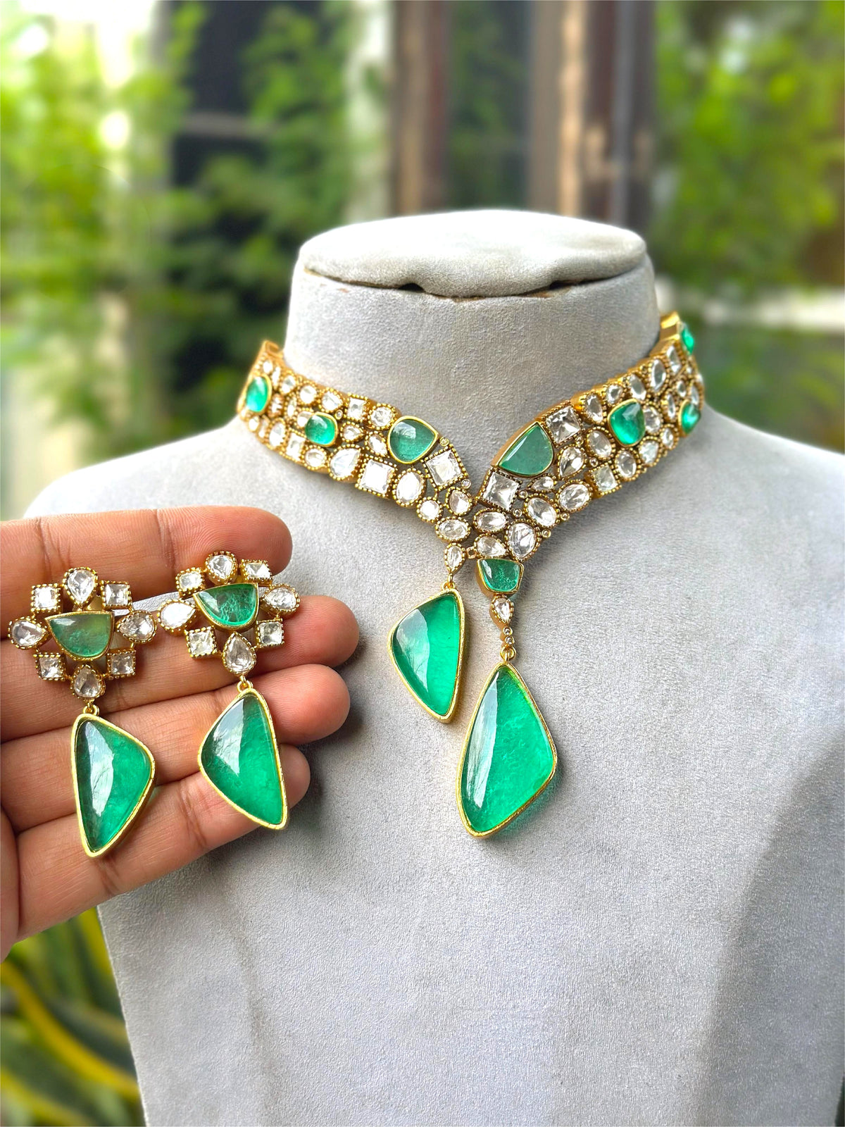 Multicolor Kundan Polki Choker Necklace Set with Green & Pink Stone Drops Bridal & Festive Jewelry - Libasaa.com