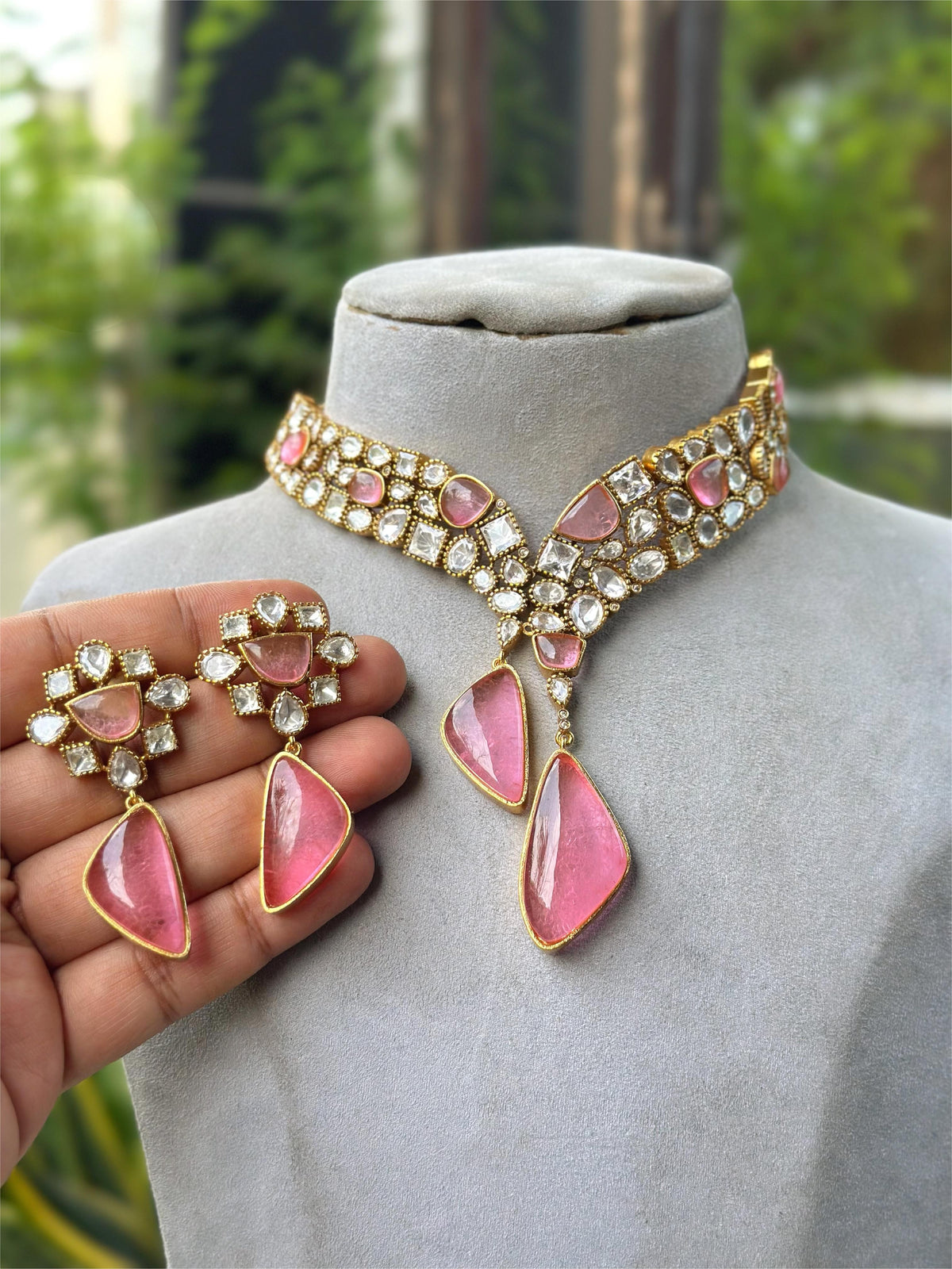 Multicolor Kundan Polki Choker Necklace Set with Green & Pink Stone Drops Bridal & Festive Jewelry - Libasaa.com