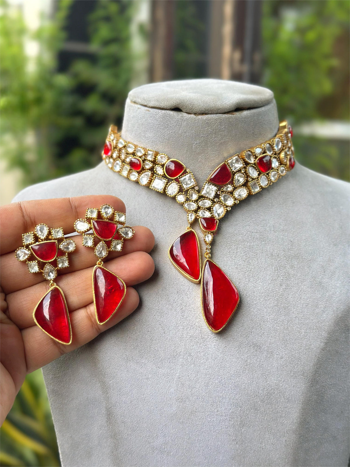 Multicolor Kundan Polki Choker Necklace Set with Green & Pink Stone Drops Bridal & Festive Jewelry - Libasaa.com