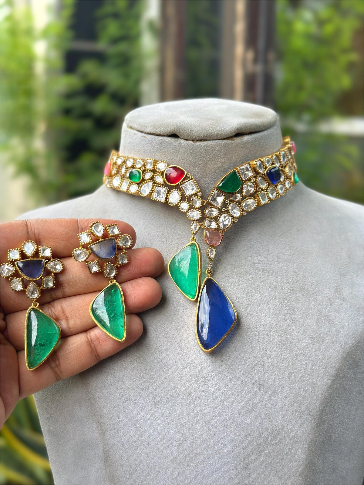 Multicolor Kundan Polki Choker Necklace Set with Green & Pink Stone Drops Bridal & Festive Jewelry - Libasaa.com