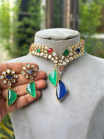 Multicolor Kundan Polki Choker Necklace Set with Green & Pink Stone Drops Bridal & Festive Jewelry - Libasaa.com