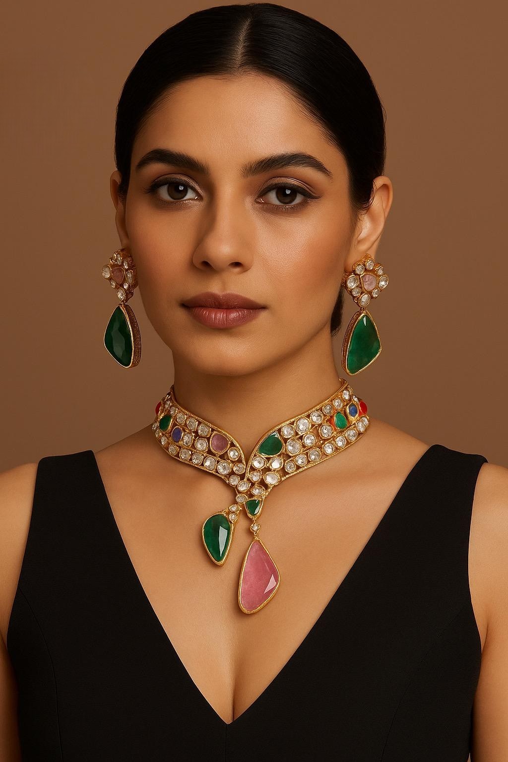 Multicolor Kundan Polki Choker Necklace Set with Green & Pink Stone Drops Bridal & Festive Jewelry - Libasaa.com