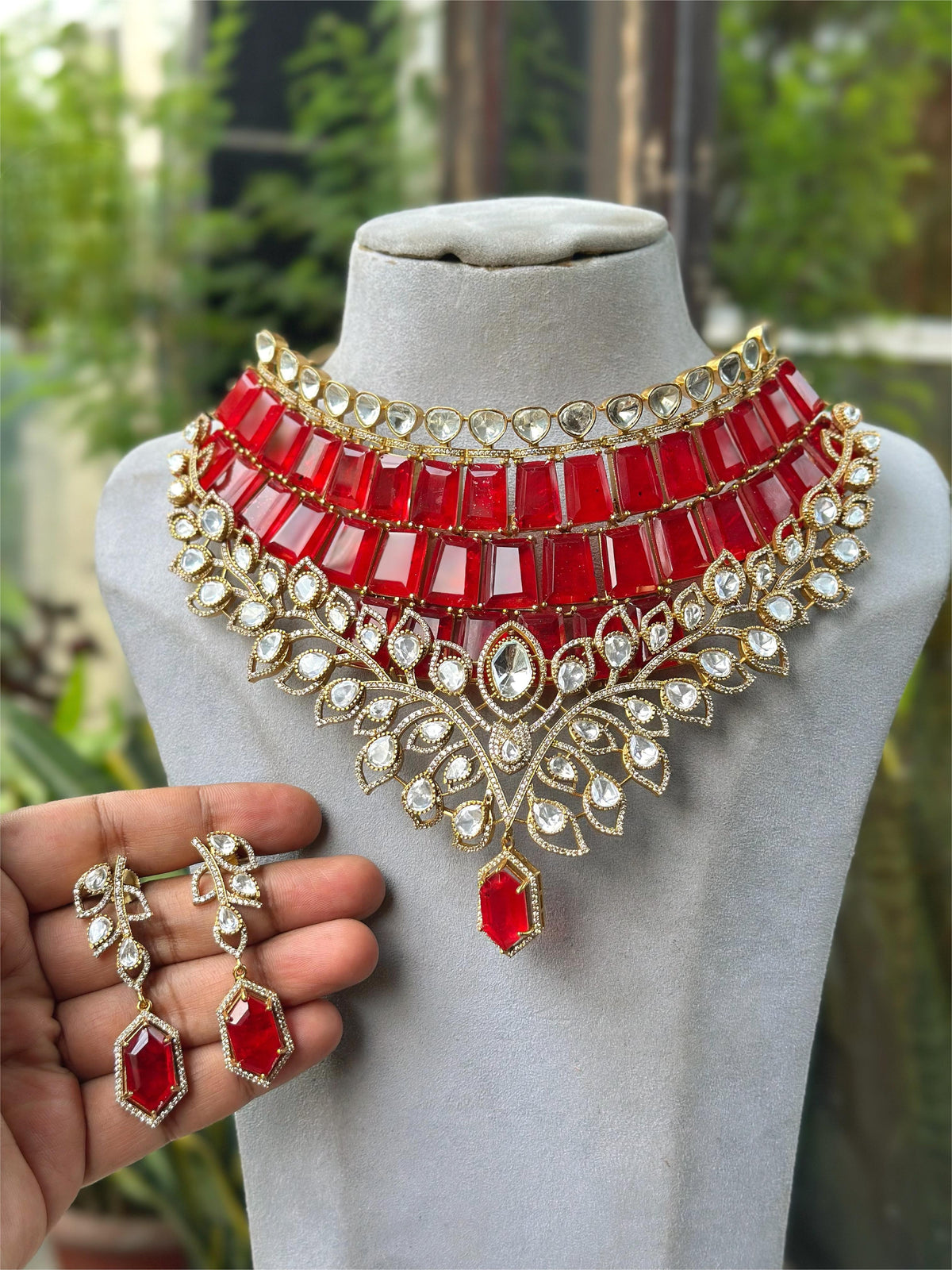 Katrina Kaif Inspired Choker Necklace Set with Kundan Polki & Pear Drop Detailing Bridal Statement Jewelry - Libasaa.com
