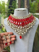 Katrina Kaif Inspired Choker Necklace Set with Kundan Polki & Pear Drop Detailing Bridal Statement Jewelry - Libasaa.com